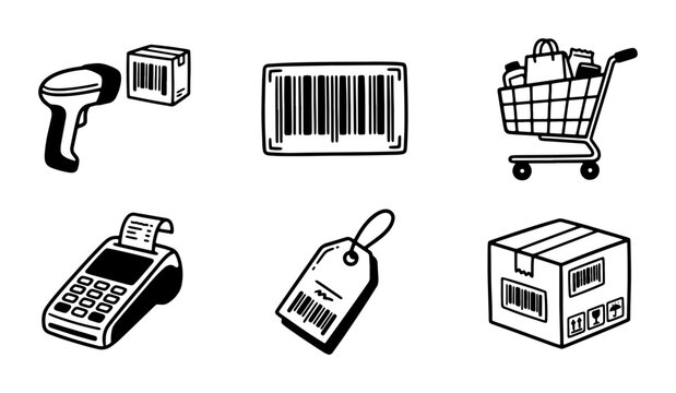 Hand drawn retail shopping icons set, black and white doodle barcode and scanner vector, grocery cart and payment terminal illustrations