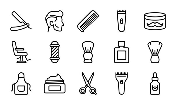 Barbershop line icons set, 15 professional hair salon symbols, grooming and shaving equipment vector collection for men's beauty and styling