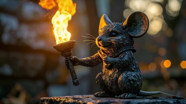 A statue of a mouse holding a flaming torch, illuminated by the fire