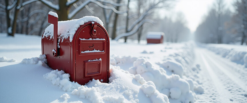 Red mailbox half-buried in snowdrift after blizzard in winter  