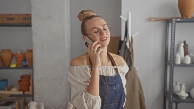 Woman holding smartphone to ear and tapping screen in pottery studio, wearing denim apron and round glasses; calm creativity.