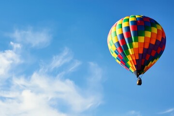 Obraz premium Colorful Hot Air Balloon Flies Across a Blue Sky With Wispy Clouds During a Sunny Day