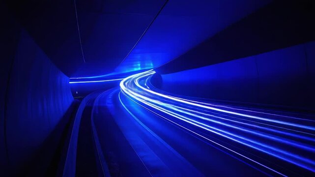Illuminated tunnel with light trails, curving and framed by smooth architectural elements
