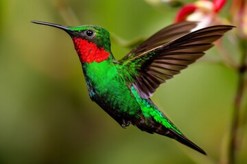 Fototapeta premium Hummingbird in Flight Near Colorful Flowers During Daylight in a Garden