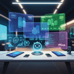 Fototapeta premium Futuristic Workspace Vector Illustration – Multi Screen Digital Office with AI Technology Interface