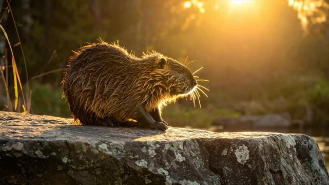 Nutria rests on a stone bathed in golden sunlight, with a blurry background