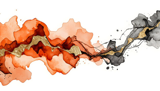 abstract watercolor and alcohol ink background with terracotta orange charcoal grey and gold leaf accents