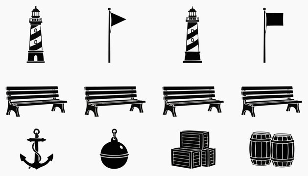 Set of nautical and outdoor elements silhouette including lighthouse, benches, anchor, and cargo