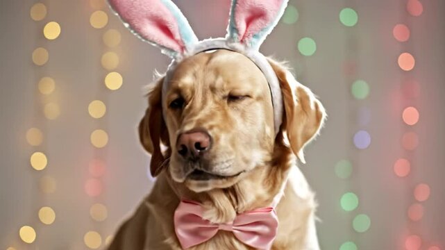 Adorable golden retriever dog wearing bunny ears and a bow tie looking into the camera with colorful background lights