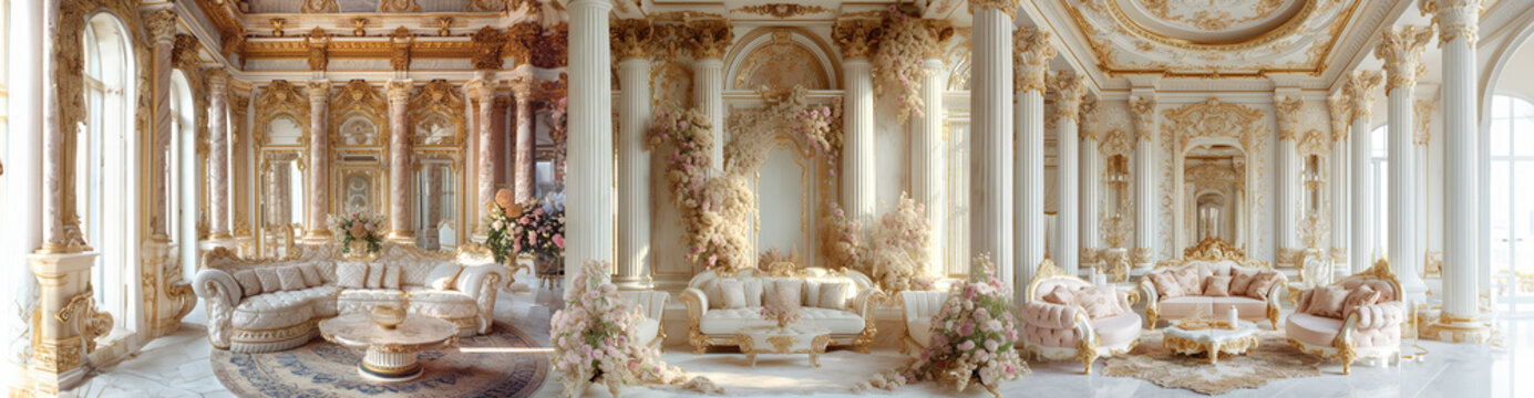 Magnificent castle room as a furniture store with marble floor - Luxury Interior Panorama