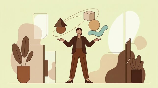 Minimalist flat vector illustration of businesswoman juggling 3D geometric shapes representing multitasking skill and work life balance in corporate business concept