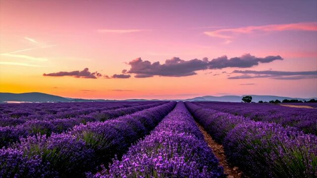 Expansive field of lavender in rows at sunset, with a colorful sky