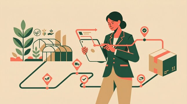 Minimalist flat vector illustration of businesswoman using digital tablet tracking agricultural supply chain from greenhouse to delivery box representing agritech logistics and farm to table concept
