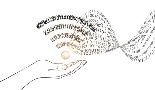 Wireless network WiFi icon with binary code waves in hand data transfer technology vector on white background