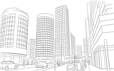 Obraz premium Professional hand-drawn line art illustration of a modern city skyline with skyscrapers urban street and traffic for architectural and metropolis concept vector