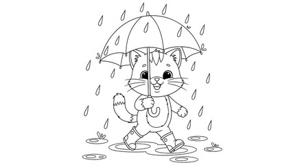 Fototapeta premium A cute cartoon cat wearing rain boots and holding an umbrella on a rainy day with puddles all around