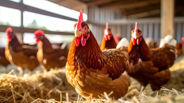 Chickens in a coop, bathed in sunlight. Focus on the front hen, others blurred