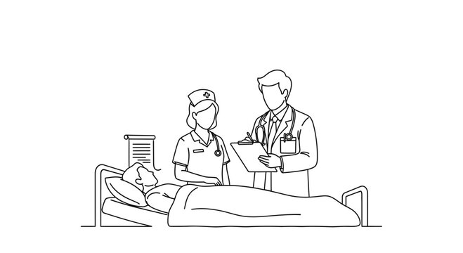Doctor and nurse examining patient in hospital bed, medical care illustration