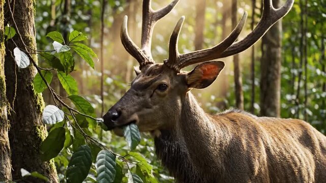 Majestic deer with antlers eating green leaves in the sunny forest, wildlife nature