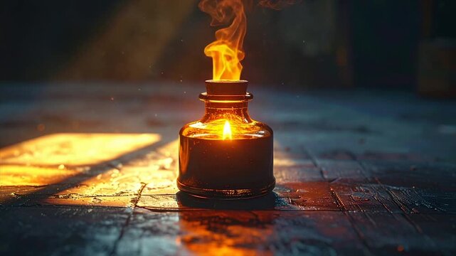A glowing potion bottle with flame atop, illuminating a wooden surface. Dark ambience