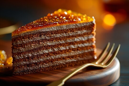 Slice of traditional Dobos torte cake with caramel topping