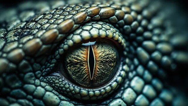 Dragon eye with dark blue scales macro.