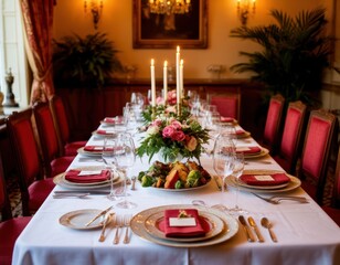 Fototapeta premium Elegant dining table set for a formal meal with red accents, floral centerpiece, candles, and fine glassware in an upscale interior setting