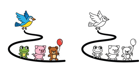 Fototapeta premium Cute Cartoon Animals Walking in a Line with a Bird Flying Above - Adorable Kids Illustration