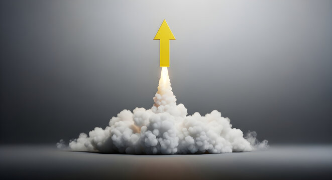 A yellow arrow shoots upwards from a cloud of smoke on a dark grey background symbolizing growth and success in business or finance.