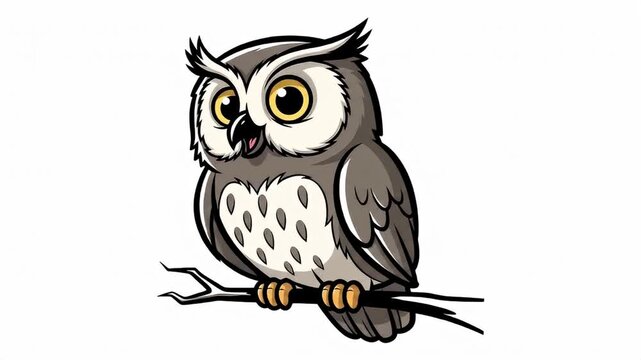 Cartoon owl perched on a branch, rendered in greys, whites, yellows, and bold black outlines