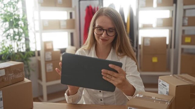 Woman holds tablet with both hands amid stacked shipping boxes in studio, checking orders and labels; entrepreneurial productivity.