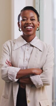 Happy, business and face of black woman with crossed arms, confidence and pride for event planner. Professional, office and portrait of person with smile for brand coordinator, campaign and marketing