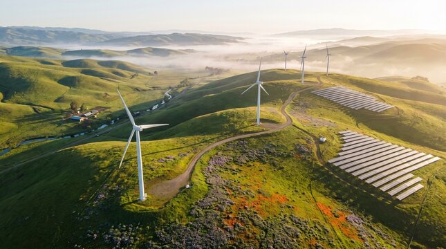 Aerial view of wind turbines and solar panels on green hills at sunrise. Renewable energy farm landscape with morning mist, representing sustainability, clean technology, and environmental care