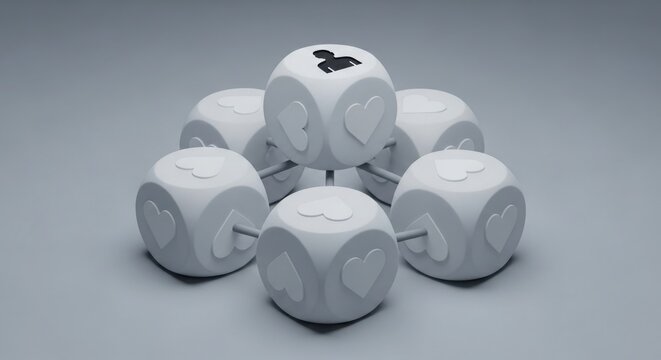Cute cartoon dice with heart and number faces arranged in pyramid