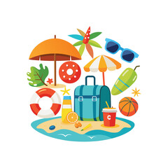 Naklejka premium Colorful beach vacation arranged on a sandy island with blue water summer travel