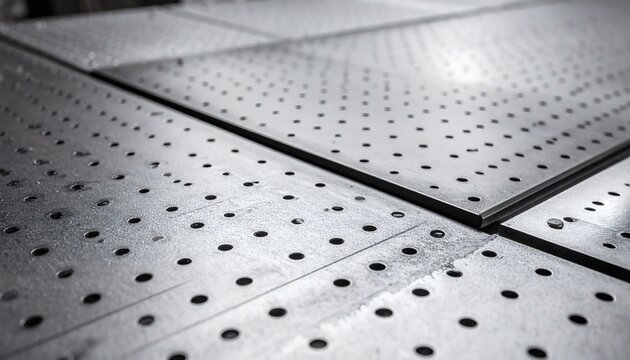 Industrial Background Of Perforated Metal Plates On Professional Welding Table