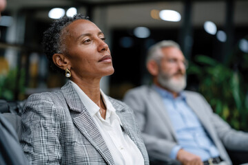 Fototapeta premium A poised businesswoman listens intently during a meeting, exuding professionalism while contemplating key discussions, with her colleague focused in the background.