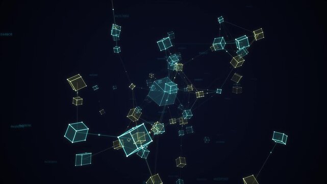 Abstract digital blockchain network connection with glowing cubes and data links on dark background