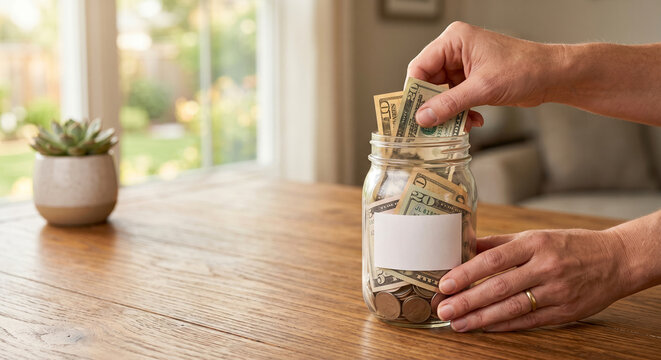 Hands putting cash in glass jar blank label