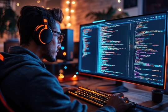 Programmer writing source code for a mobile app on a dual-monitor setup
