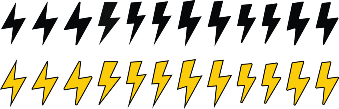 Lightning bolt icon set. Power design. Lightning strike and energy charge icons. Energy power and electrical symbols. Electricity and power supply sign
