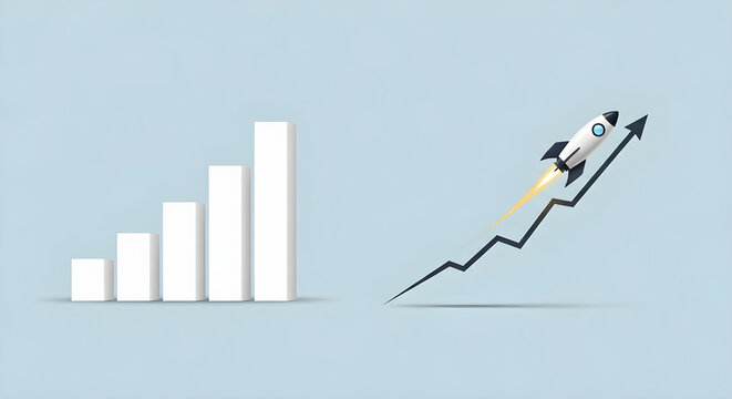 A rocket ship blasts off upwards on a graph line next to a growing bar chart on a light blue background representing business growth and success