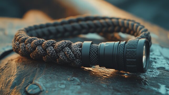 Dark gray braided cord bracelet with integrated flashlight resting on rough textured rocks.