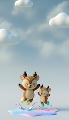 Fototapeta premium Cute deer jumping in puddle with boots