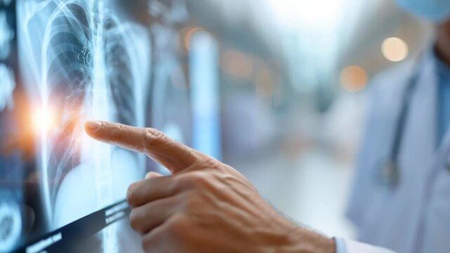 Doctor points at chest X-ray on screen. Focused gaze suggests careful analysis. Hand hovers near bright imaging display. Medical professional examines diagnostic image