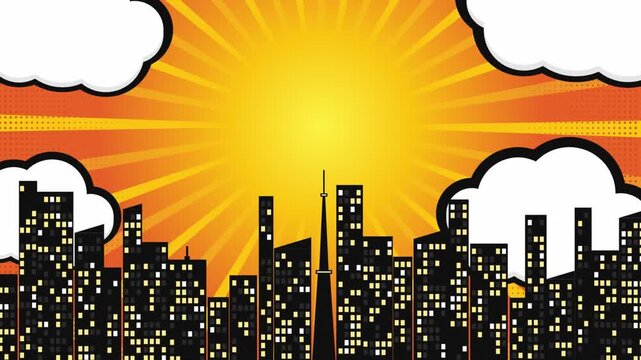 City skyline silhouette with comic book style sunburst background