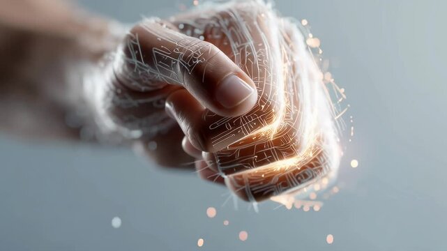 Hand clenches, pulses with glowing digital energy. Fingers flex, sparks fly as data streams through skin. Machines, power, human potential all converge here. Ideal for tech, innovation