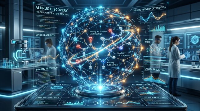 Imaginary representation of AI drug discovery showcasing molecular structure analysis and predictions