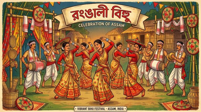 Illustration of the vibrant Bihu festival celebrated in Assam showcasing traditional dance and attire