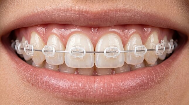 Closeup of Caucasian individual showcasing ceramic orthodontic brackets and thin metal archwire